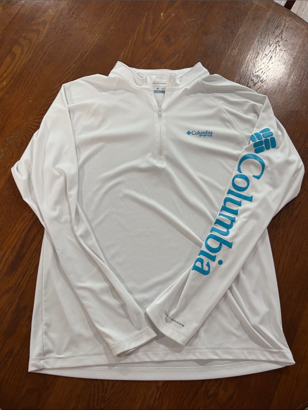 Columbia White Long-Sleeve PFG with Teal Logo Sleeve